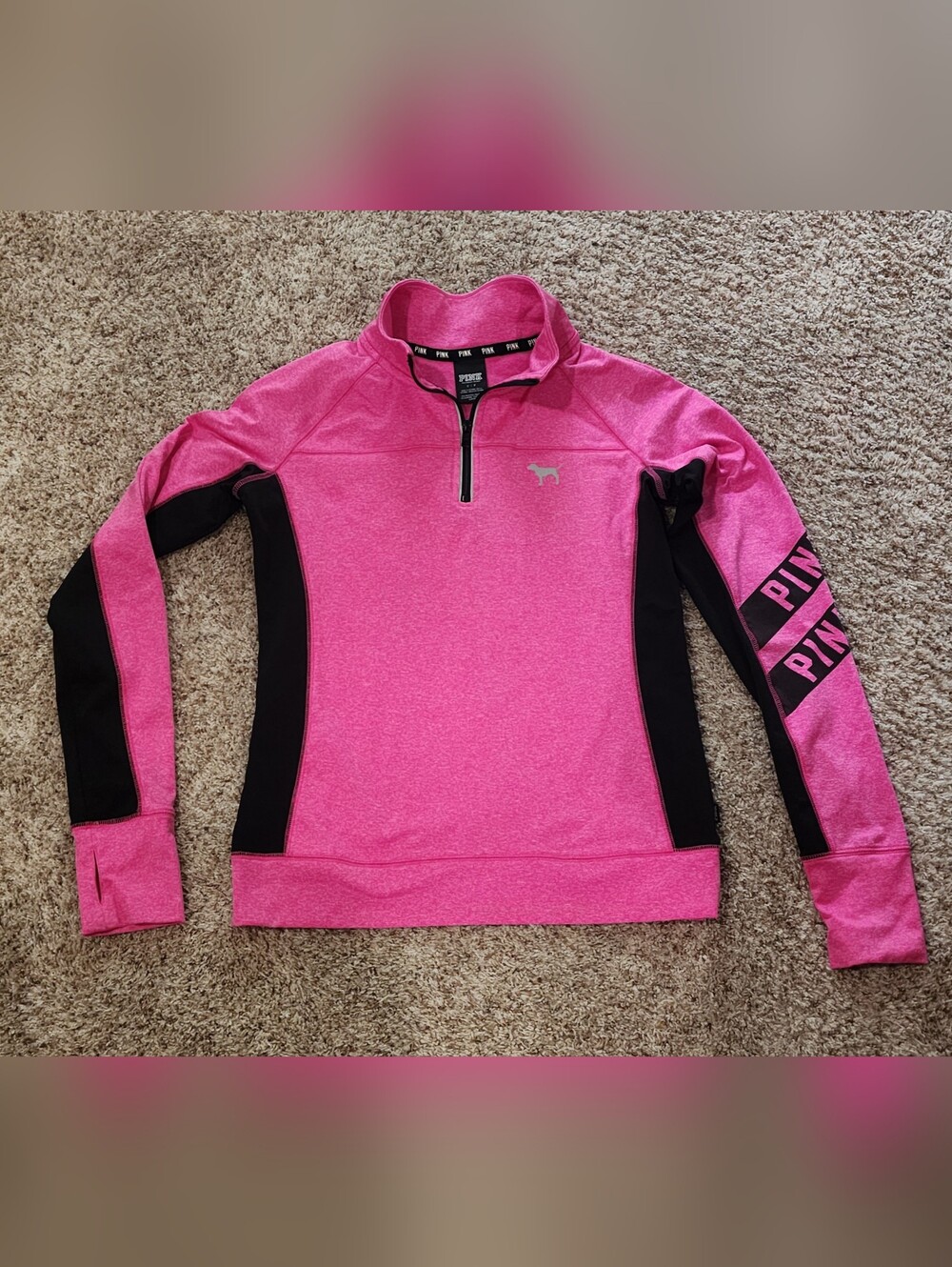 Victoria's Secret PINK Bright Pink and Black Half-Zip Pullover Small - Picture 3 of 9